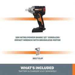 Nitro PowerShare 20-Volt Cordless 1/2 in. Impact Wrench with Brushless Motor (Tool Only) by Worx 16 Nitro PowerShare 20-Volt Cordless 1/2 in. Impact Wrench with Brushless Motor (Tool Only) by Worx -Toolocity Shop worx impact wrenches wx272l 9 fa 1000
