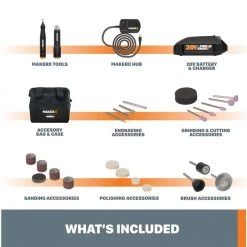 MakerX 20-Volt Cordless Rotary Tool Kit with Mini Heat Gun, 42 Accessories, Bag and Case (Battery and Charger Included) by Worx 26 MakerX 20-Volt Cordless Rotary Tool Kit with Mini Heat Gun, 42 Accessories, Bag and Case (Battery and Charger Included) by Worx -Toolocity Shop worx power tool combo kits wx989l fa 1000