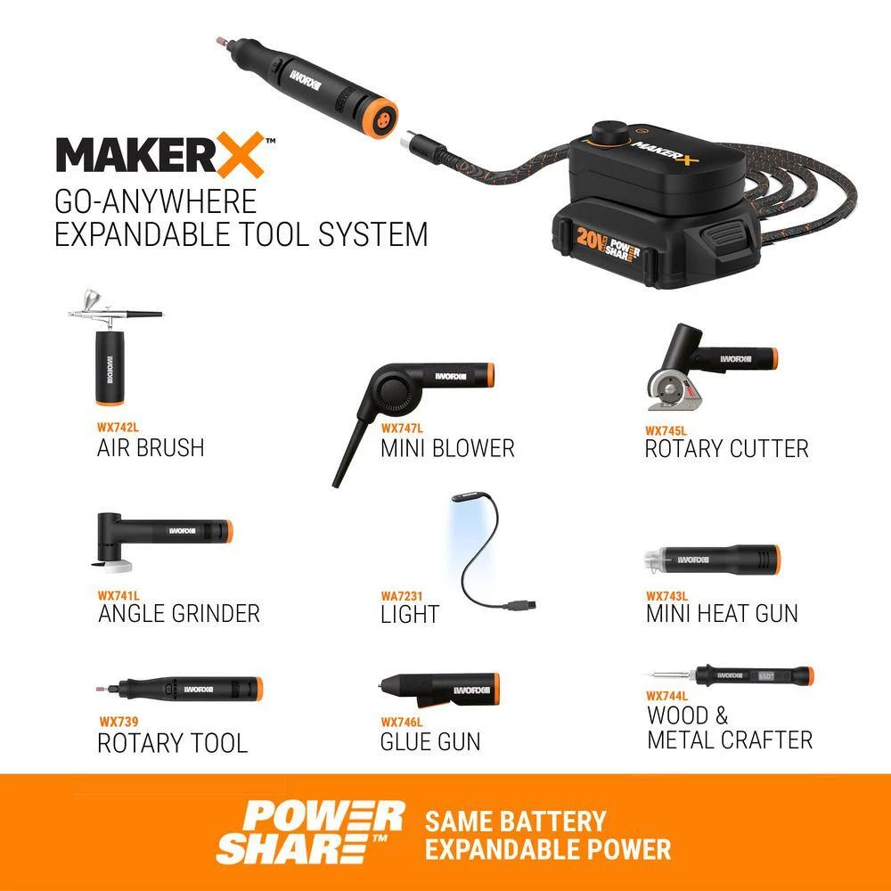 MakerX 20-Volt Wood and Metal Crafter Rotary Tool Attachment and 12 Accessories (Tool-Only) by Worx 8 MakerX 20-Volt Wood and Metal Crafter Rotary Tool Attachment and 12 Accessories (Tool-Only) by Worx - Image 6
