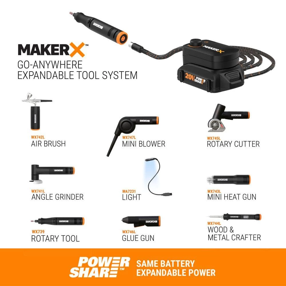 MakerX 20-Volt Rotary Tool with 20 Accessories (Tool-Only) by Worx 5 MakerX 20-Volt Rotary Tool with 20 Accessories (Tool-Only) by Worx - Image 3