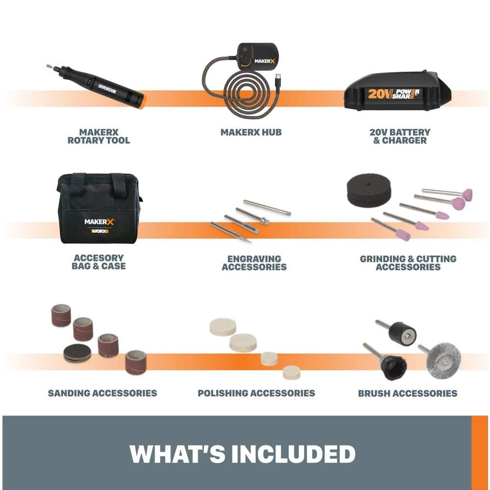 MakerX 20-Volt Rotary Tool Kit with 42 Accessories and Case (Battery and Charger Included) by Worx 11 MakerX 20-Volt Rotary Tool Kit with 42 Accessories and Case (Battery and Charger Included) by Worx - Image 9