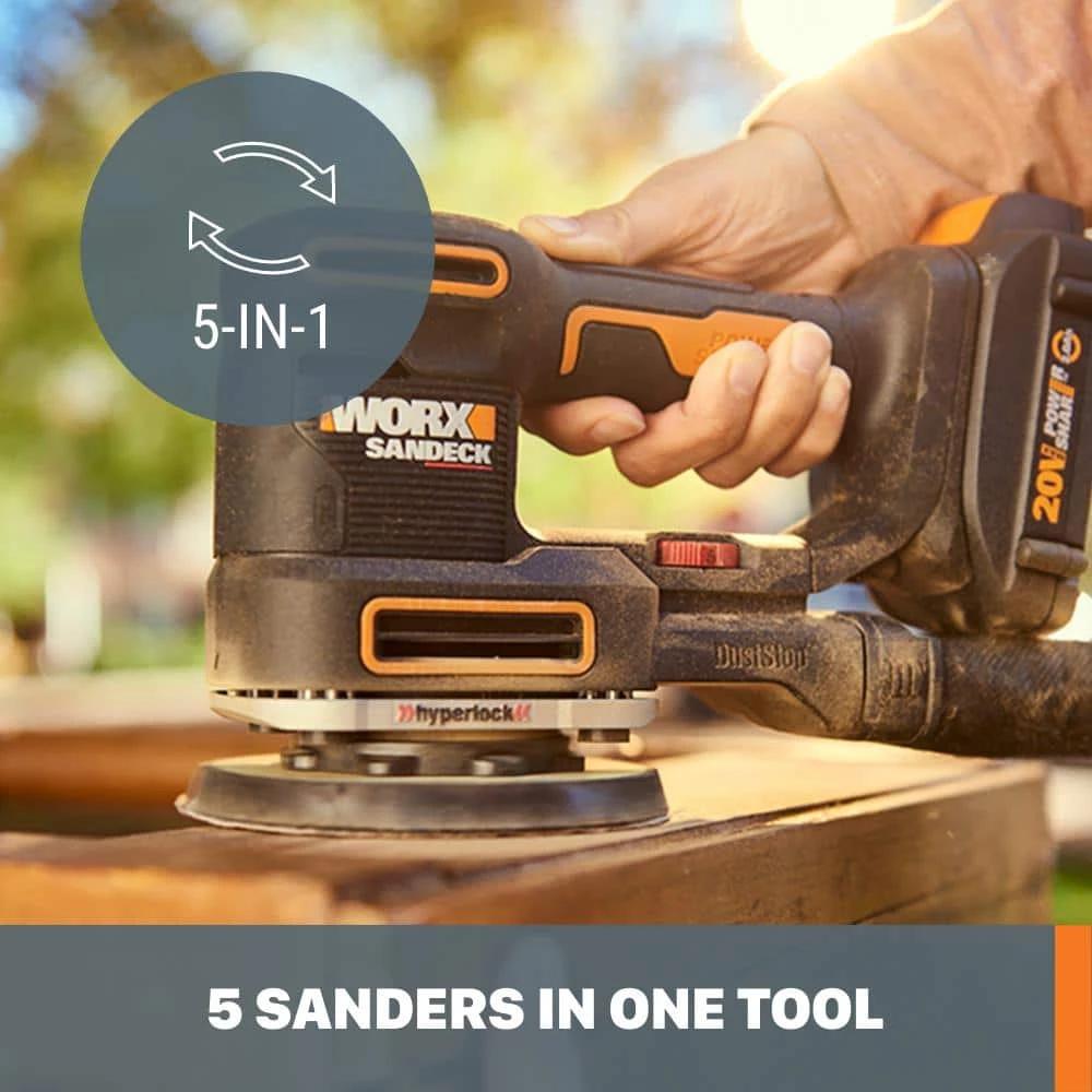 Power Share 20-Volt Sandeck Cordless 5 in. - 1 Multi-Sander with 5 Sanding Bases (Tool-Only) by Worx 7 Power Share 20-Volt Sandeck Cordless 5 in. - 1 Multi-Sander with 5 Sanding Bases (Tool-Only) by Worx - Image 5